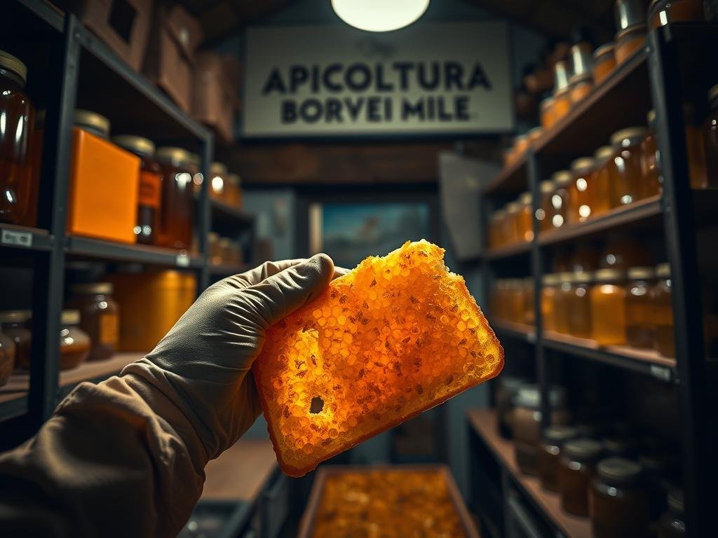 A cozy Italian workshop, dimly lit with a soft warm glow. Shelves line the walls, showcasing glass jars filled with rich, golden propolis. The APICOLTURA BORVEI MIELE logo prominently displayed, a testament to the artisanal tradition. In the foreground, a beekeeper's gloved hand gently lifts a honeycomb, revealing the intricate, resinous substance. The camera captures the scene from a low angle, emphasizing the importance and reverence for this natural treasure. The overall atmosphere is one of rustic charm, history, and the deep-rooted connection between bees, propolis, and the Italian people.