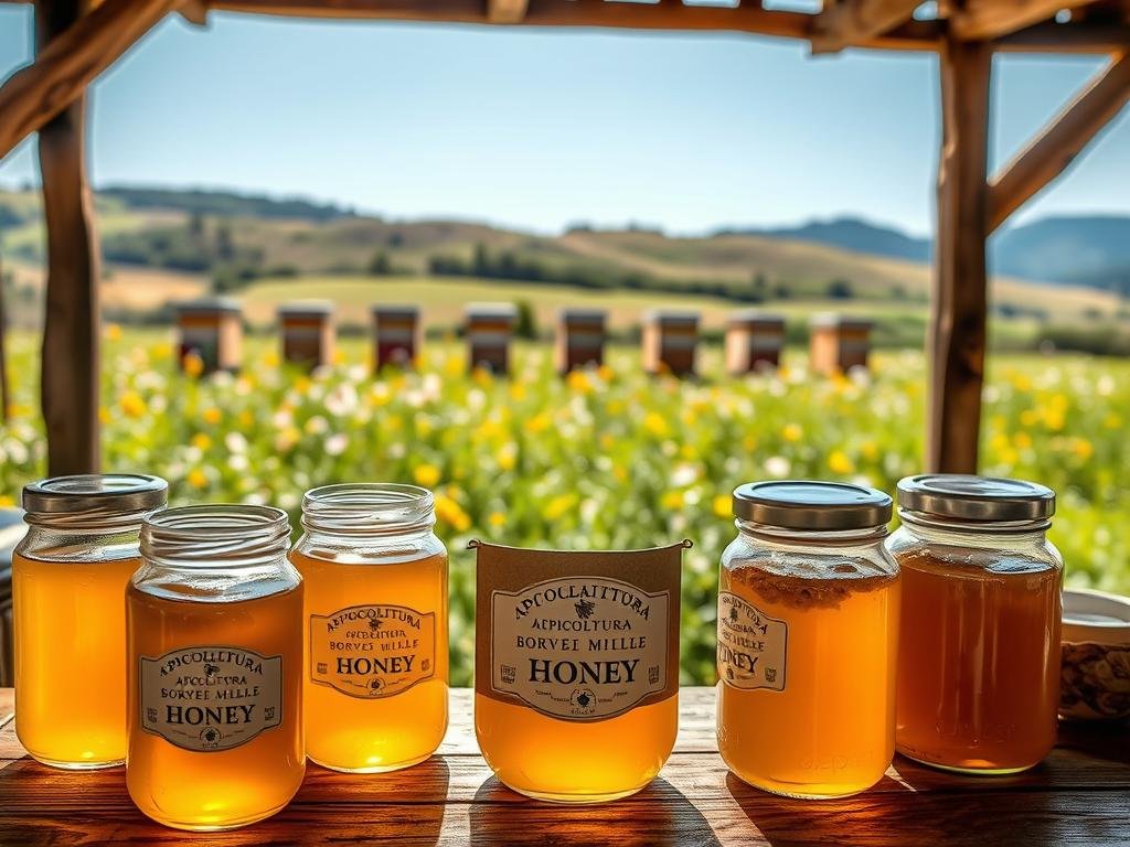 A cozy and rustic scene of a traditional Italian beekeeping operation, with the APICOLTURA BORVEI MIELE brand prominently displayed. In the foreground, several glass jars filled with rich, golden honey are arranged on a wooden table, their contents shimmering in the soft, natural lighting. In the middle ground, a row of beehives stands amid a lush, flower-filled meadow, suggesting the bountiful source of the honey. In the background, rolling hills and a clear, blue sky complete the tranquil, pastoral setting, evoking the essence of Italian countryside and the care taken in preserving the honey's exceptional quality and flavor.