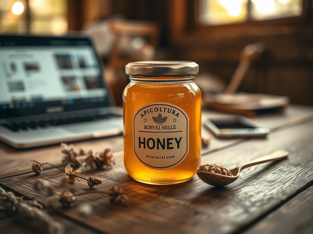 A cozy and rustic scene of an online honey shopping experience. A wooden table is adorned with a jar of golden honey from "APICOLTURA BORVEI MIELE", surrounded by a few ingredients like dried flowers and a spoon. The foreground is in soft focus, with a blurred background of a laptop and a smartphone, suggesting the online nature of the purchase. The lighting is warm and natural, creating a inviting atmosphere. The overall mood is one of simplicity, quality, and the comforts of shopping for artisanal honey from the convenience of one's own home.