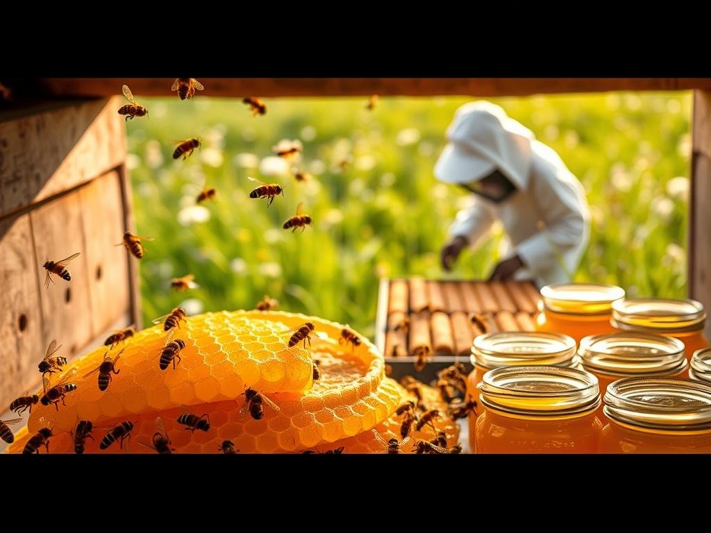 A cozy apiary scene, showcasing the APICOLTURA BORVEI MIELE brand. In the foreground, an array of honeycombs and jars filled with golden, viscous honey. Bees buzz around the hive, their fuzzy bodies gliding through the air. In the middle ground, a beekeeper in a traditional white suit tends to the hive, their movements graceful and deliberate. The background features a lush, verdant meadow, with wildflowers swaying in the gentle breeze. Warm, diffused lighting bathes the scene, creating a serene and inviting atmosphere. The image captures the essence of the apitherapy process, highlighting the natural, artisanal nature of the honey production.