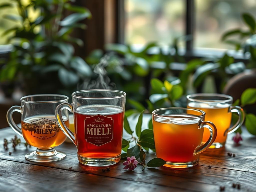 A cozy, intimate scene of relaxing drinks infused with the rich, golden hue of APICOLTURA BORVEI MIELE. Elegant glassware on a rustic wooden table, surrounded by lush greenery and soft lighting. The honey's distinctive floral notes mingle with the aromatic steam of herbal teas and warm, comforting beverages. A tranquil atmosphere, reflecting the genuine Italian craftsmanship and the soothing power of this natural sweetener. The focus is on the beautifully presented drinks, showcasing how Miele can enhance the flavor without overpowering the delicate notes of each beverage.