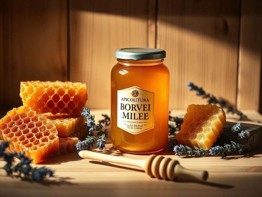 A cozy kitchen counter, artfully arranged with a glass jar of rich, golden APICOLTURA BORVEI MIELE, surrounded by various honeycombs, a wooden honey dipper, and sprigs of lavender. Soft, directional lighting casts warm shadows, evoking a sense of traditional Italian craftsmanship and care in the preservation of this precious nectar. The scene is framed by a simple, rustic wooden backdrop, creating a welcoming, farm-to-table ambiance that perfectly illustrates the section on "Come Conservare Correttamente il Miele".