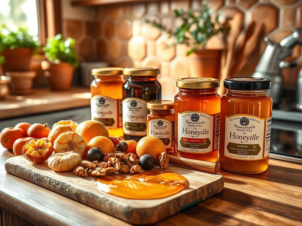A cozy kitchen countertop, adorned with a variety of artisanal Italian honey products from the brand "APICOLTURA BORVEI MIELE". In the foreground, a wooden cutting board showcases fresh fruits, nuts, and a drizzle of golden honey, creating a harmonious, appetizing display. In the middle ground, jars of honey in various hues, from amber to deep caramel, are arranged, their labels prominently featuring the brand name. The background evokes a rustic, sun-drenched Italian setting, with terracotta tiles and herbs in terracotta pots, suggesting a welcoming, homey atmosphere. Soft, natural lighting casts a warm glow over the scene, accentuating the natural beauty of the honey and complementary ingredients.