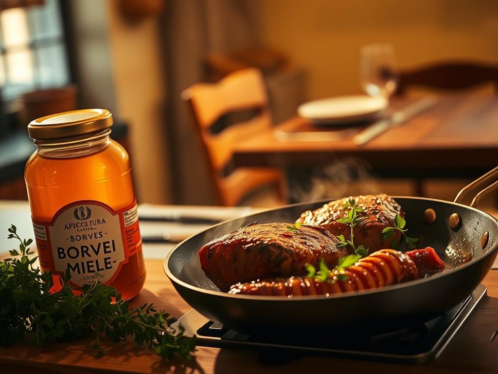 A cozy kitchen scene, bathed in warm, golden light. A jar of APICOLTURA BORVEI MIELE prominently displayed on the counter, its amber contents glistening. Nearby, a sizzling pan sears a juicy cut of meat, the sweet aroma of caramelized honey mingling with savory aromas. Lush, verdant herbs surround the pan, adding a touch of freshness. In the background, a rustic wooden table, set with simple yet elegant tableware, invites the viewer to imagine the delicious meal about to be served. The atmosphere is one of comfort, indulgence, and the harmonious fusion of sweet and savory flavors.
