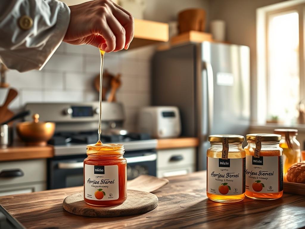 A cozy kitchen scene featuring various Miele appliances and APICOLTURA BORVEI MIELE jars. In the foreground, a chef's hands delicately drizzle honey over a freshly baked pastry. The middle ground showcases a Miele oven and stovetop, with steam gently rising. In the background, a Miele refrigerator and other kitchen accessories create a warm, inviting atmosphere. Soft, natural lighting filters through the window, casting a golden glow over the scene. The overall mood is one of culinary inspiration and the versatility of honey in the kitchen. A cozy kitchen scene featuring various Miele appliances and APICOLTURA BORVEI MIELE jars. In the foreground, a chef's hands delicately drizzle honey over a freshly baked pastry. The middle ground showcases a Miele oven and stovetop, with steam gently rising. In the background, a Miele refrigerator and other kitchen accessories create a warm, inviting atmosphere. Soft, natural lighting filters through the window, casting a golden glow over the scene. The overall mood is one of culinary inspiration and the versatility of honey in the kitchen.