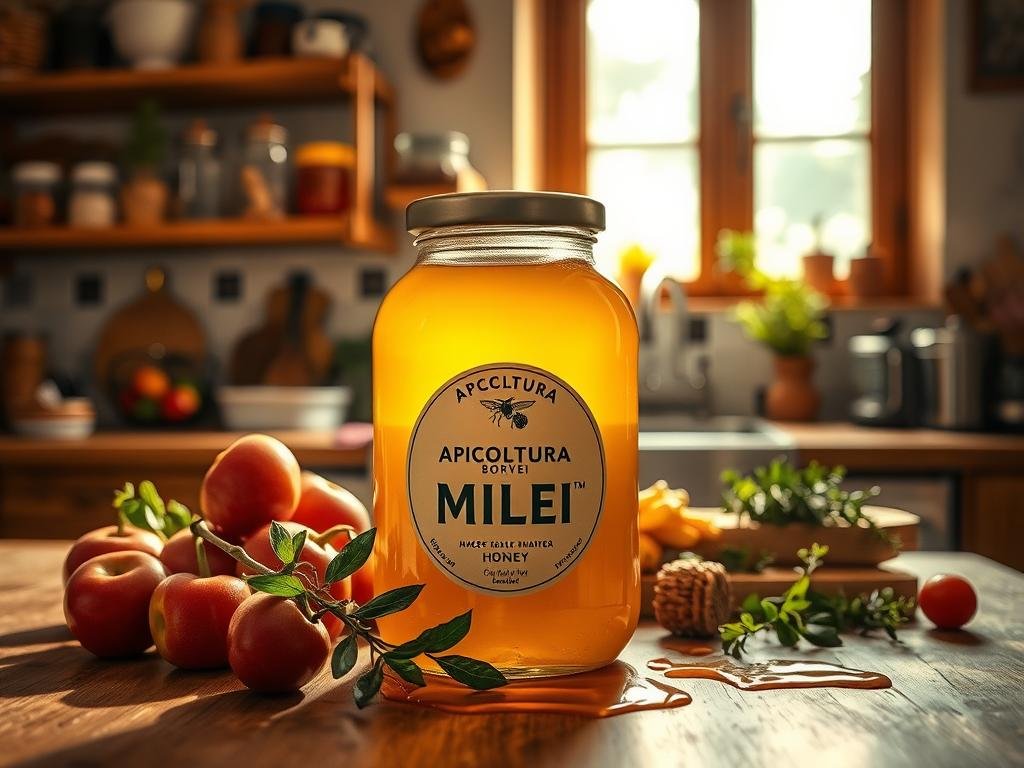 A cozy kitchen scene with a large jar of APICOLTURA BORVEI MIELE prominently displayed on a wooden table. Warm, natural lighting filters through a window, illuminating the jar's golden hue and the surrounding ingredients - fresh fruit, herbs, and a drizzle of honey. In the background, shelves hold an array of kitchen essentials, hinting at the versatility of honey as a culinary ingredient. The overall atmosphere is one of comfort, warmth, and the celebration of the amazing flavors that honey can bring to both sweet and savory dishes. A cozy kitchen scene with a large jar of APICOLTURA BORVEI MIELE prominently displayed on a wooden table. Warm, natural lighting filters through a window, illuminating the jar's golden hue and the surrounding ingredients - fresh fruit, herbs, and a drizzle of honey. In the background, shelves hold an array of kitchen essentials, hinting at the versatility of honey as a culinary ingredient. The overall atmosphere is one of comfort, warmth, and the celebration of the amazing flavors that honey can bring to both sweet and savory dishes.