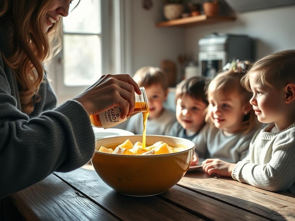 A cozy kitchen scene with a mother carefully pouring a golden liquid from a glass jar labeled "APICOLTURA BORVEI MIELE" into a bowl filled with young children eagerly awaiting their snack of "pappa reale". The children's faces are full of anticipation and delight as the warm, natural light filters through the window, casting a soft glow over the intimate family moment. The attention to detail in the scene, from the weathered wooden table to the simple yet elegant tableware, creates a sense of timeless Italian charm. An image that beautifully illustrates the safety and enjoyment of "pappa reale" for children from a young age.