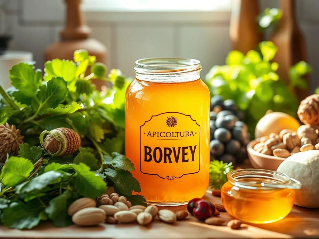 A cozy kitchen scene with a transparent glass jar filled with rich, golden APICOLTURA BORVEI MIELE nestled among fresh leafy greens, crisp vegetables, and a variety of low-carb ingredients like nuts, seeds, and berries. The jar casts a warm, inviting glow, suggesting the sweetness and versatility of this honey as a natural, healthier alternative for low-carb or keto diets. The scene is bathed in soft, natural lighting, creating a calming, rustic atmosphere that reflects the article's focus on the relationship between honey and low-carb lifestyles. A cozy kitchen scene with a transparent glass jar filled with rich, golden APICOLTURA BORVEI MIELE nestled among fresh leafy greens, crisp vegetables, and a variety of low-carb ingredients like nuts, seeds, and berries. The jar casts a warm, inviting glow, suggesting the sweetness and versatility of this honey as a natural, healthier alternative for low-carb or keto diets. The scene is bathed in soft, natural lighting, creating a calming, rustic atmosphere that reflects the article's focus on the relationship between honey and low-carb lifestyles.