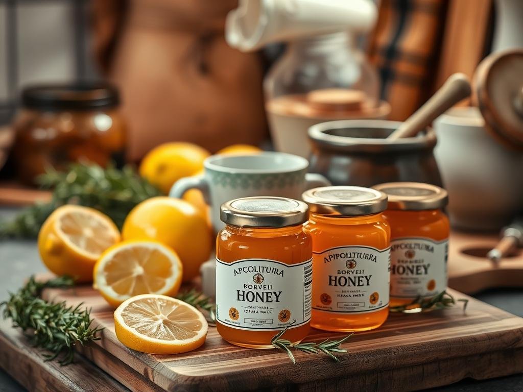 A cozy kitchen scene with a variety of natural remedies made with rich, golden honey. In the foreground, a wooden cutting board displays several jars of APICOLTURA BORVEI MIELE, their labels prominently featured. Surrounding the jars are fresh lemon slices, sprigs of rosemary, and a steaming mug, hinting at soothing honey-based concoctions. In the middle ground, a rustic mortar and pestle grinds fragrant herbs, while the background showcases a warm, inviting atmosphere with earthy tones, natural textures, and soft, diffused lighting, creating an atmosphere of wellness and homemade remedies.
