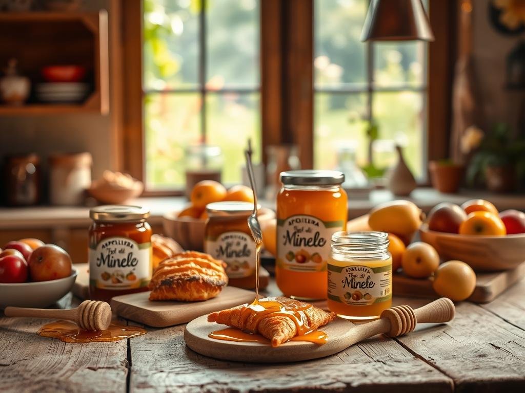 A cozy kitchen scene with honey-infused delicacies. Warm, natural lighting illuminates a rustic wooden table adorned with a variety of "Tipi di Miele" from the APICOLTURA BORVEI MIELE brand. Freshly baked pastries, a drizzle of golden honey, and a selection of seasonal fruit create a mouthwatering display. In the background, hints of a lush, verdant garden provide a serene, Italian-inspired backdrop. The mood is inviting and the atmosphere evokes a sense of homemade comfort and culinary delight.