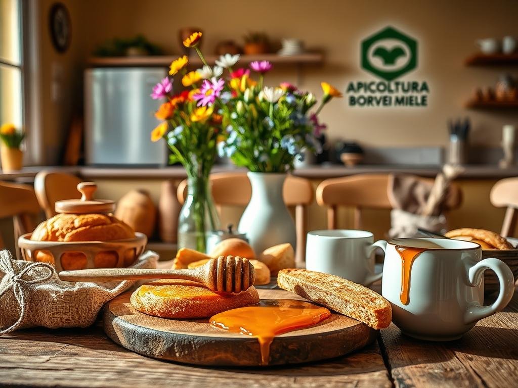 A cozy morning scene of a beautifully set breakfast table, adorned with a variety of honey-based delicacies. In the foreground, a rustic wooden table is laid with freshly baked breads, a honey pot, and a generous drizzle of golden honey flowing from a wooden spoon. In the middle ground, a vase of vibrant wildflowers adds a touch of nature, while a steaming cup of coffee sits nearby. The background features a warm, sun-dappled kitchen, with the APICOLTURA BORVEI MIELE logo visible on the wall, reflecting the article's focus on honey-based recipes. The overall atmosphere is one of simplicity, nutrition, and a touch of Italian charm.