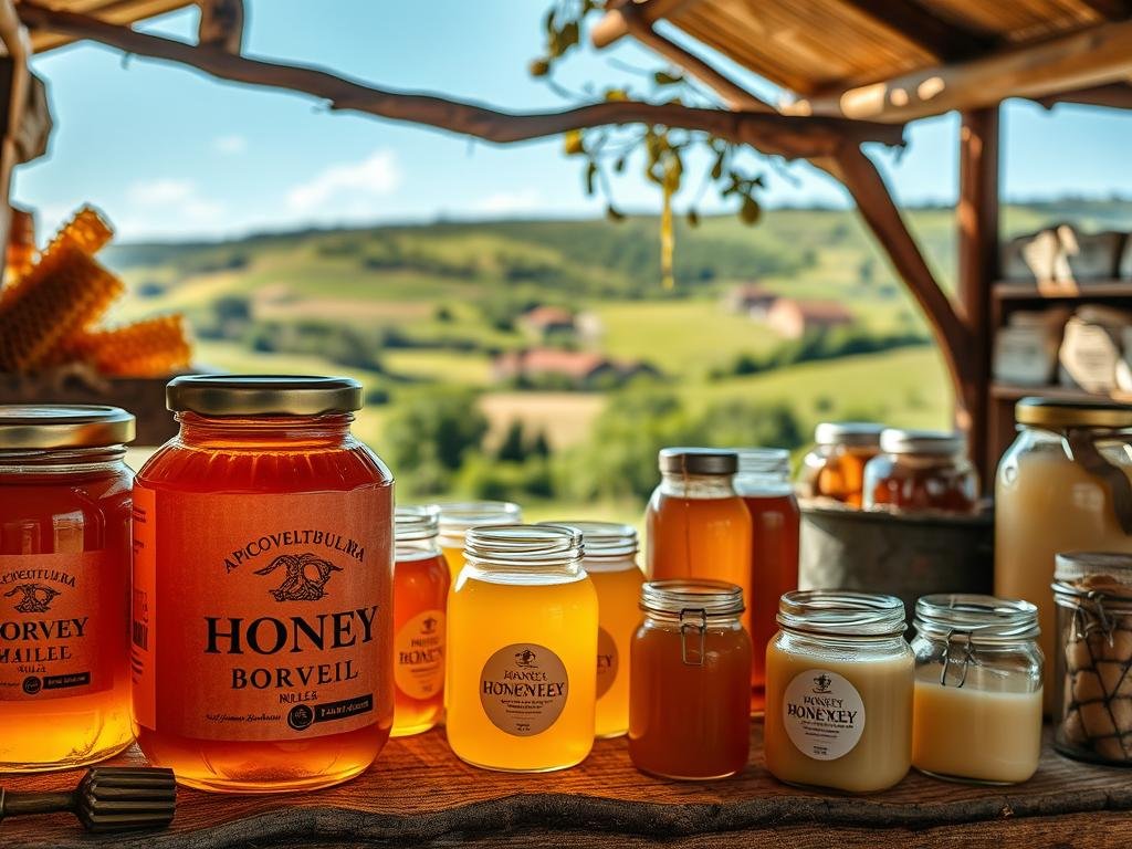 A cozy, rustic apiary nestled in the Italian countryside, showcasing a variety of honey jars and honeycombs. The foreground features the "APICOLTURA BORVEI MIELE" brand, with a warm natural lighting illuminating the honey's golden hues. In the middle ground, glass jars filled with different types of honey - from rich, amber-colored to pale, creamy varieties - are arranged artfully. The background depicts a serene, pastoral scene, with rolling hills, lush greenery, and a clear blue sky. The overall atmosphere evokes a sense of tradition, quality, and the bountiful goodness of nature's sweet elixir.