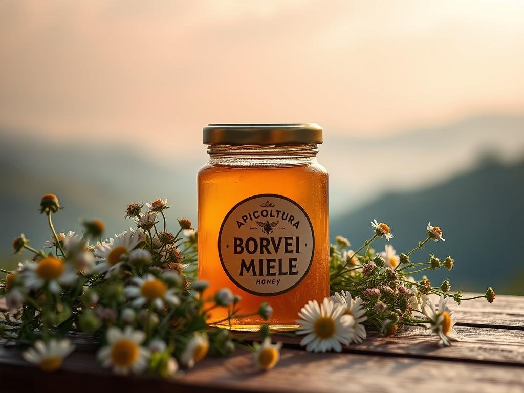 A cozy, rustic scene of a jar of APICOLTURA BORVEI MIELE honey nestled amidst lush, fragrant wildflowers. The jar sits on a wooden surface, casting a warm, golden glow in the soft, natural lighting. In the background, a serene, dreamlike landscape of rolling hills and a hazy, pastel sky creates a tranquil, peaceful atmosphere. The composition emphasizes the harmony between the honey, the floral elements, and the soothing, natural setting, evoking a sense of rest, relaxation, and the restorative benefits of this pure, wholesome ingredient.