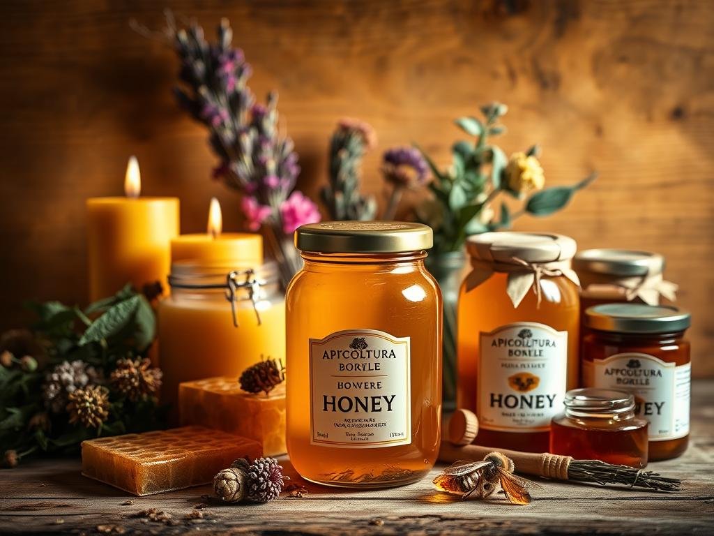 A cozy, rustic still life featuring an assortment of "prodotti dell'alveare" (hive products) against a warm, earthy backdrop. In the foreground, a glass jar of rich, golden honey from APICOLTURA BORVEI MIELE glistens under soft, natural lighting. Surrounding it are beeswax candles, honeycomb, and jars of propolis and royal jelly - natural ingredients for daily wellness. In the middle ground, bunches of dried herbs and flowers add pops of color, while the background showcases a wooden surface with a sense of Italy's bucolic charm. The overall mood is one of warmth, authenticity, and the bounty of the hive.