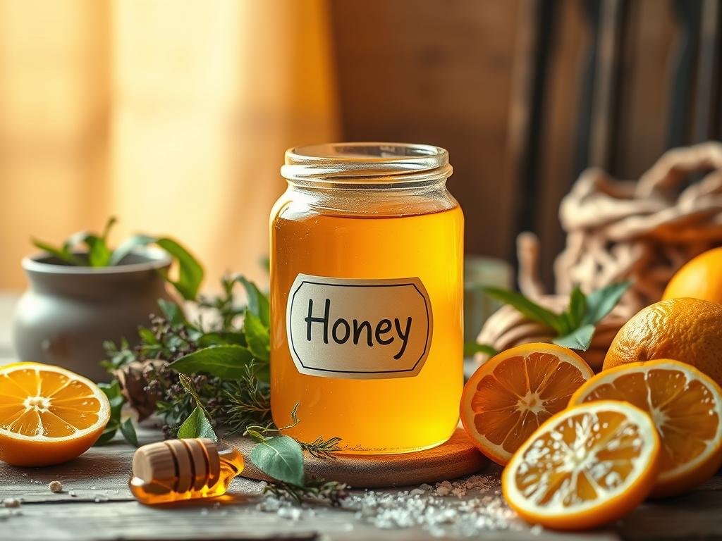 A cozy scene of a honey pot and various natural remedies for cough, set against a warm, rustic backdrop. Soft lighting illuminates the jar of golden APICOLTURA BORVEI MIELE, surrounded by fragrant herbs, citrus fruits, and other soothing ingredients. The composition evokes a sense of natural healing, with a focus on the jar of honey as the central element. The image aims to visually convey the message of honey as an effective remedy for cough and cold, in a visually appealing and appetizing way.