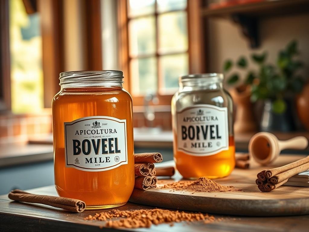 A cozy still life set in a sun-dappled Italian kitchen. In the foreground, a glass jar filled with golden APICOLTURA BORVEI MIELE, its amber hues glistening. Beside it, a stack of cinnamon sticks, their warm, earthy tones complementing the honey. In the middle ground, a wooden surface with a cutting board, scattered with cinnamon powder and a few whole spices. In the background, hints of terracotta tiles and a window frame, offering a glimpse of a lush, verdant landscape outside. Soft, diffused lighting creates a serene, timeless atmosphere, evoking the ancient roots of this powerful culinary and medicinal combination. A cozy still life set in a sun-dappled Italian kitchen. In the foreground, a glass jar filled with golden APICOLTURA BORVEI MIELE, its amber hues glistening. Beside it, a stack of cinnamon sticks, their warm, earthy tones complementing the honey. In the middle ground, a wooden surface with a cutting board, scattered with cinnamon powder and a few whole spices. In the background, hints of terracotta tiles and a window frame, offering a glimpse of a lush, verdant landscape outside. Soft, diffused lighting creates a serene, timeless atmosphere, evoking the ancient roots of this powerful culinary and medicinal combination.