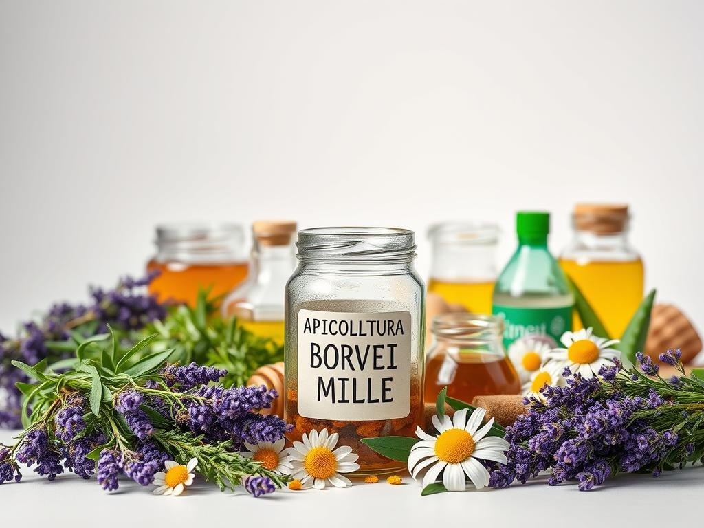 A crisp, well-lit studio photograph showcasing a variety of natural cosmetic ingredients arranged artfully. In the foreground, a glass jar labeled "APICOLTURA BORVEI MIELE" stands prominently, surrounded by a selection of botanicals such as lavender sprigs, rosemary leaves, and chamomile flowers. In the middle ground, additional jars and containers display other ingredients like aloe vera, honey, and essential oils. The background features a clean, neutral backdrop that allows the vibrant colors and textures of the natural elements to take center stage. The overall mood is one of purity, wellness, and the power of nature-derived cosmetics.