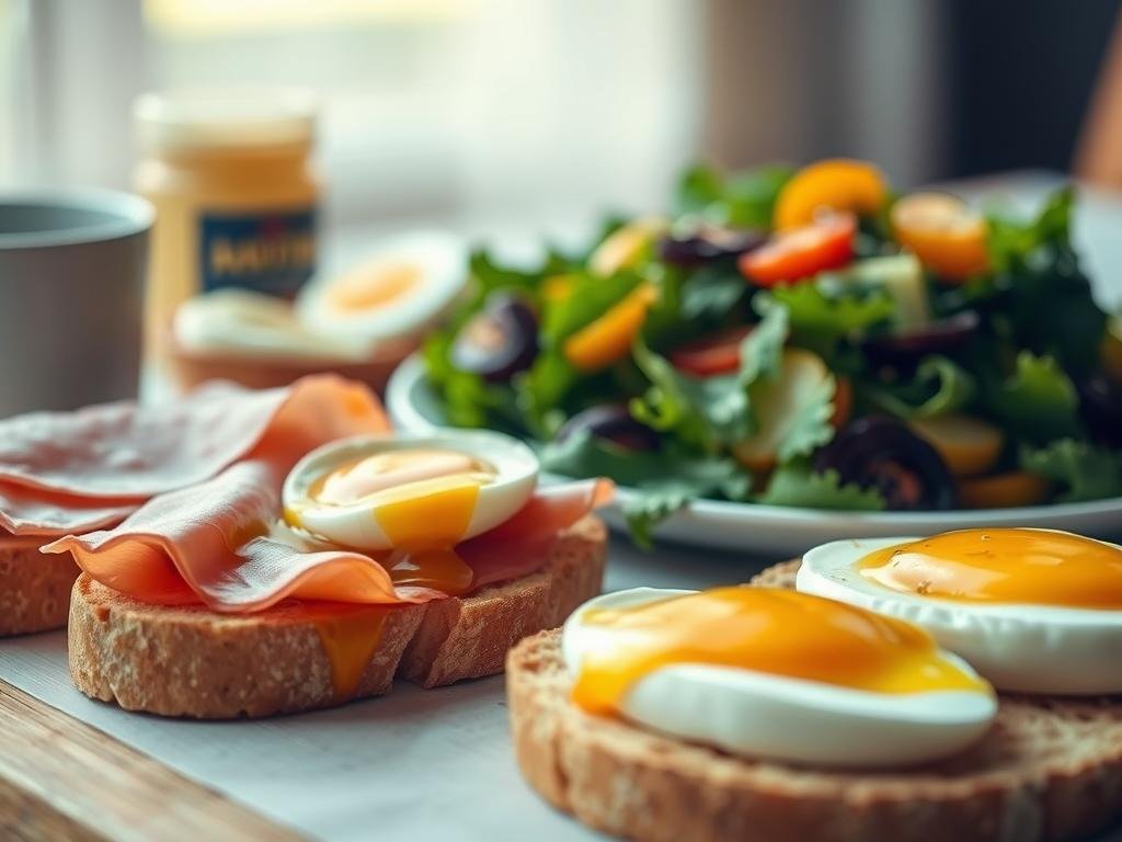 A delectable and healthy breakfast spread featuring a savory Italian-inspired medley. In the foreground, crusty bread slices are drizzled with rich, golden APICOLTURA BORVEI MIELE, complemented by salty prosciutto and creamy, soft-boiled eggs. The middle ground showcases a vibrant green salad with crisp vegetables, sprinkled with a hint of the honey to add a touch of sweetness. In the background, a warm, cozy atmosphere is evoked by the soft, diffused lighting, creating an inviting and nourishing scene to start the day.