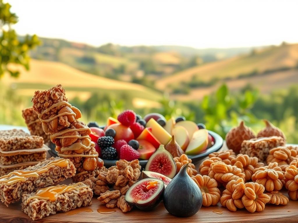 A delectable array of healthy snacks featuring the rich, golden hues of APICOLTURA BORVEI MIELE. In the foreground, a tempting assortment of crunchy granola bars, luscious fruit skewers, and wholesome nut clusters, all drizzled with the sweet nectar of honey. In the middle, a platter of fresh, vibrant seasonal fruits - sliced apples, juicy berries, and ripe figs - arranged in an inviting display. The background showcases a serene Italian countryside setting, with rolling hills, lush greenery, and a warm, golden glow from the afternoon sun, evoking a sense of rustic elegance. The image captures the perfect balance of taste and nutrition, embodying the essence of a "pausa salutare" - a healthy, satisfying snack break.