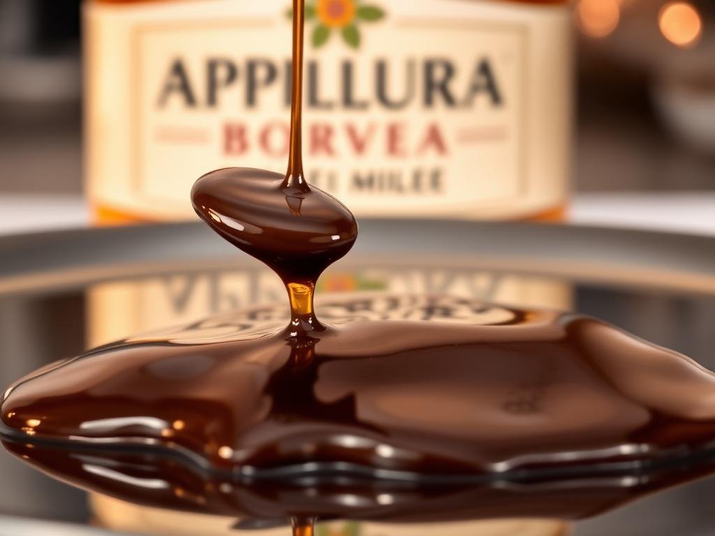 A delectable confection of "salsa al miele e cioccolato" - a drizzle of rich, dark chocolate melted into a sumptuous honey glaze. Glistening pools of the sweet nectar-chocolate mixture rest on a sleek, mirrored surface, reflecting the warm, soft lighting overhead. The viscous texture entices the viewer, promising a decadent, spoonable treat. In the background, the iconic APICOLTURA BORVEI MIELE label adds an authentic, artisanal touch. This image captures the essence of the "La Magia della Salsa al Miele e Cioccolato nei Dessert" section, inviting the viewer to indulge in the delectable fusion of honey and chocolate.