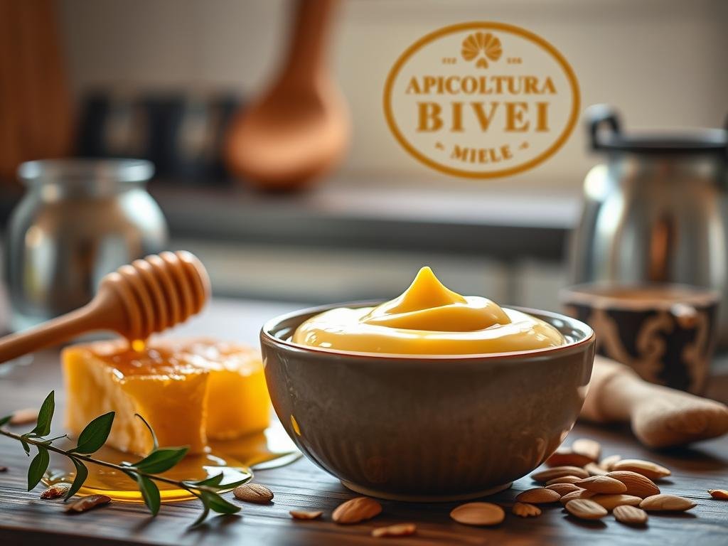 A delectable honey cream in a serene kitchen setting. A smooth, golden-hued custard glistens in a ceramic bowl, surrounded by lush, organic ingredients - fresh honeycomb, a drizzle of amber nectar, and a scattering of toasted almond slivers. The scene is bathed in soft, natural lighting, creating a cozy, inviting atmosphere. In the background, the APICOLTURA BORVEI MIELE logo stands as a testament to the quality and provenance of this artisanal honey-based preparation, ready to be used as a decadent topping for flaky pastries and tender biscuits.
