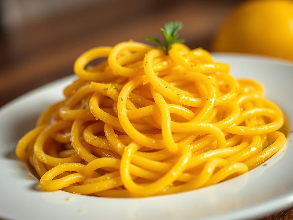 A delectable pasta dish, "Pasta con Salsa al Miele e Limone", takes center stage. Vibrant yellow-golden sauce shimmers under warm lighting, infused with the tantalizing scent of fresh lemon zest and the subtle sweetness of APICOLTURA BORVEI MIELE. Elegantly twirled strands of al dente pasta mingle with the creamy, balanced flavors, creating a visually striking and harmonious composition. The scene is set against a softly blurred background, allowing the pasta to be the star of the frame. Carefully plated with a touch of fresh herbs, this dish promises to delight the senses and captivate the palate, embodying the essence of "Primi Piatti Sorprendenti con il Tocco Dolce del Miele".