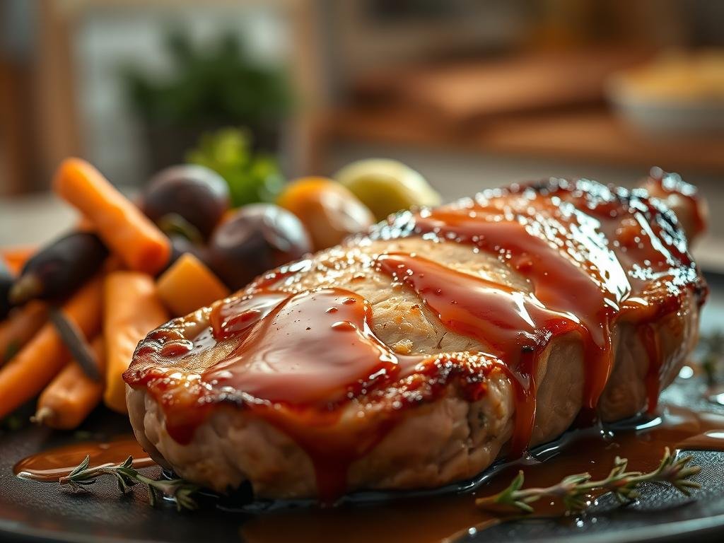A delectable secondi al miele dish, showcasing a perfectly seared pork chop glazed in a rich, amber honey sauce. In the foreground, the tender meat glistens under warm, diffused lighting, its edges lightly charred to add depth of flavor. Alongside, an artful arrangement of roasted root vegetables - golden-hued carrots, earthy beets, and crisp Brussels sprouts - all drizzled with the APICOLTURA BORVEI MIELE, their natural sweetness enhanced. The middle ground features a scattering of fresh, fragrant thyme sprigs, their delicate leaves adding a touch of rustic elegance. In the background, a softly blurred backdrop of a cozy, inviting Italian kitchen, hinting at the comforting atmosphere. This image perfectly captures the essence of the "Abbinamenti e Contorni Ideali per Secondi al Miele" section, highlighting the harmonious marriage of honey-glazed proteins and complementary side dishes.