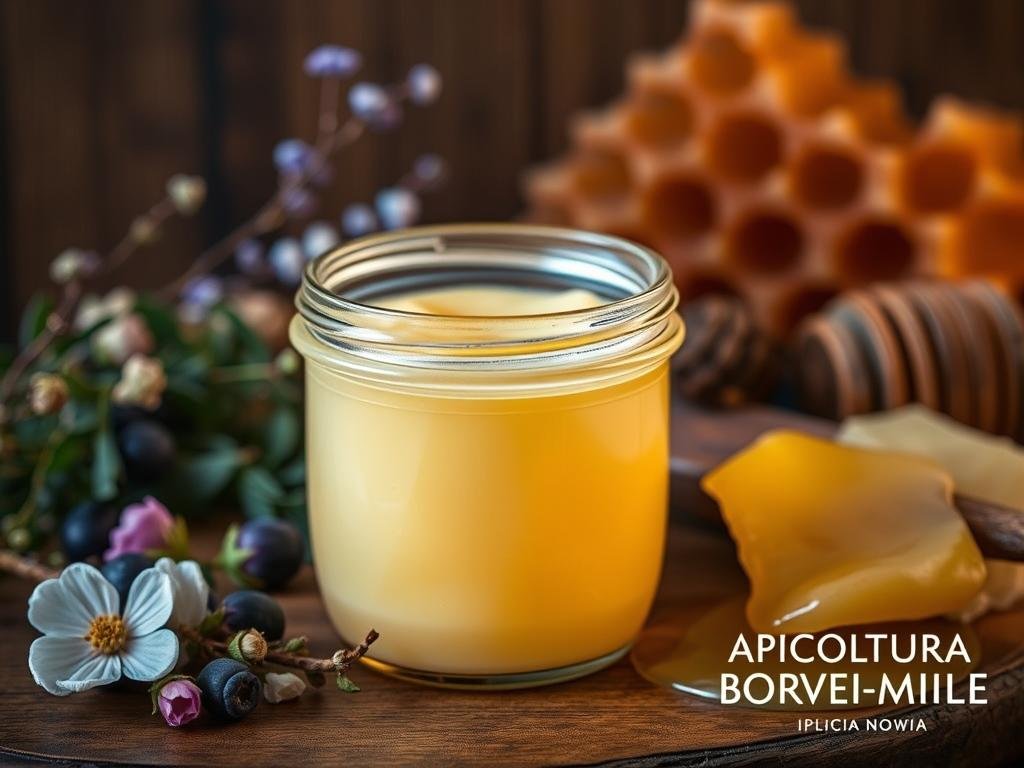 A delicate and artfully composed close-up shot of a rich, creamy-colored pappa reale (royal jelly) in a glass jar, set against a warm, rustic Italian backdrop. The texture of the jelly is captured in intricate detail, with subtle highlights and shadows that emphasize its creamy, luxurious appearance. The jar is positioned on a wooden surface, surrounded by natural elements such as dried herbs, flowers, and a sprig of honeycomb, creating a harmonious and authentic Italian atmosphere. The lighting is soft and warm, casting a gentle glow on the scene. In the bottom right corner, the logo "APICOLTURA BORVEI MIELE" is subtly integrated, complementing the overall aesthetic. A delicate and artfully composed close-up shot of a rich, creamy-colored pappa reale (royal jelly) in a glass jar, set against a warm, rustic Italian backdrop. The texture of the jelly is captured in intricate detail, with subtle highlights and shadows that emphasize its creamy, luxurious appearance. The jar is positioned on a wooden surface, surrounded by natural elements such as dried herbs, flowers, and a sprig of honeycomb, creating a harmonious and authentic Italian atmosphere. The lighting is soft and warm, casting a gentle glow on the scene. In the bottom right corner, the logo "APICOLTURA BORVEI MIELE" is subtly integrated, complementing the overall aesthetic.