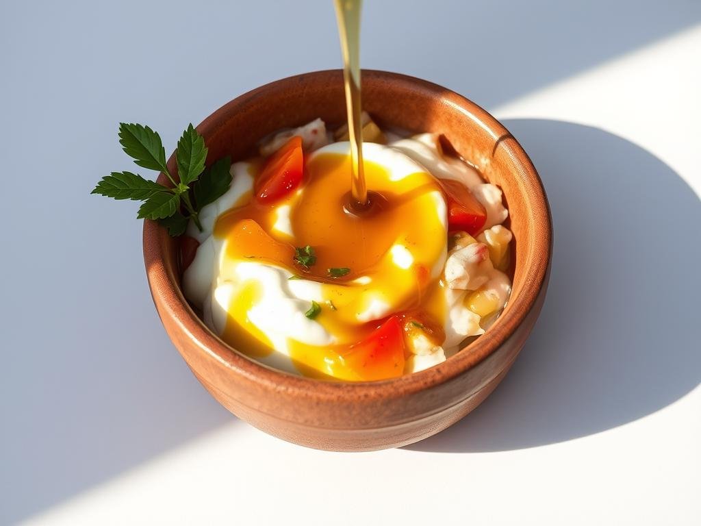 A delicate and visually appealing salsa made with creamy yogurt, drizzled with the rich and golden honey from APICOLTURA BORVEI MIELE. The salsa is presented in a rustic, earthenware bowl, set against a plain white background that allows the vibrant colors and textures to shine. Sunlight gently illuminates the scene, casting a warm, inviting glow. The overall composition evokes a sense of simplicity, freshness, and health, perfectly reflecting the title "La Magia di un Condimento Sano e Gustoso".