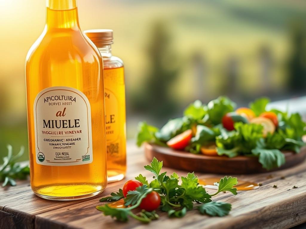 A delicate blend of organic honey, balsamic vinegar, and a hint of Dijon mustard, creating a captivating vinaigrette al miele. The golden liquid glistens under the warm, natural lighting, reflecting the APICOLTURA BORVEI MIELE label. In the foreground, a crisp green salad with vibrant vegetables awaits, ready to be dressed with this artisanal creation. The middle ground showcases a rustic wooden board, complemented by scattered fresh herbs and a drizzle of the honey-infused vinaigrette. The background is filled with a soft, out-of-focus Italian countryside, hinting at the authenticity and tradition behind this culinary delight.