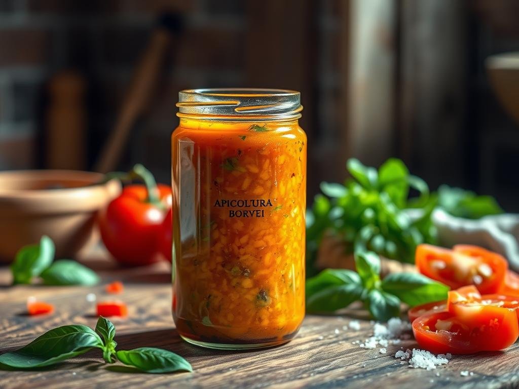 A delicate composition showcasing a personalized salsa base, crafted with care. In the foreground, a glass jar filled with a vibrant, homemade mixture of premium APICOLTURA BORVEI MIELE, tangy Dijon mustard, and a hint of aromatic herbs, all bathed in warm, natural lighting. The middle ground features a rustic wooden surface, complemented by a few scattered ingredients - freshly chopped tomatoes, fragrant basil leaves, and a sprinkle of coarse sea salt. A soft, blurred background evokes the feeling of an Italian kitchen, with hints of traditional terracotta tiles and weathered wooden beams. The overall atmosphere is one of simplicity, authenticity, and the joy of creating personalized culinary delights.