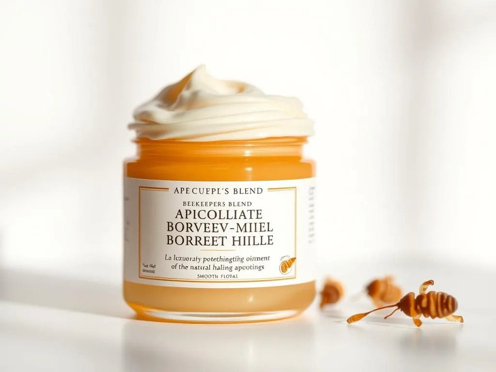 A delicate, creamy-textured beekeeper's blend, featuring the rich, golden hue of "APICOLTURA BORVEI MIELE" honey. This luxurious, potently soothing ointment is inspired by the natural healing properties of raw Italian apiculture. Smooth and luxurious, with a subtle floral aroma, the image captures the jar's elegant, minimalist design against a softly lit backdrop, highlighting the product's premium quality and pure, natural ingredients.