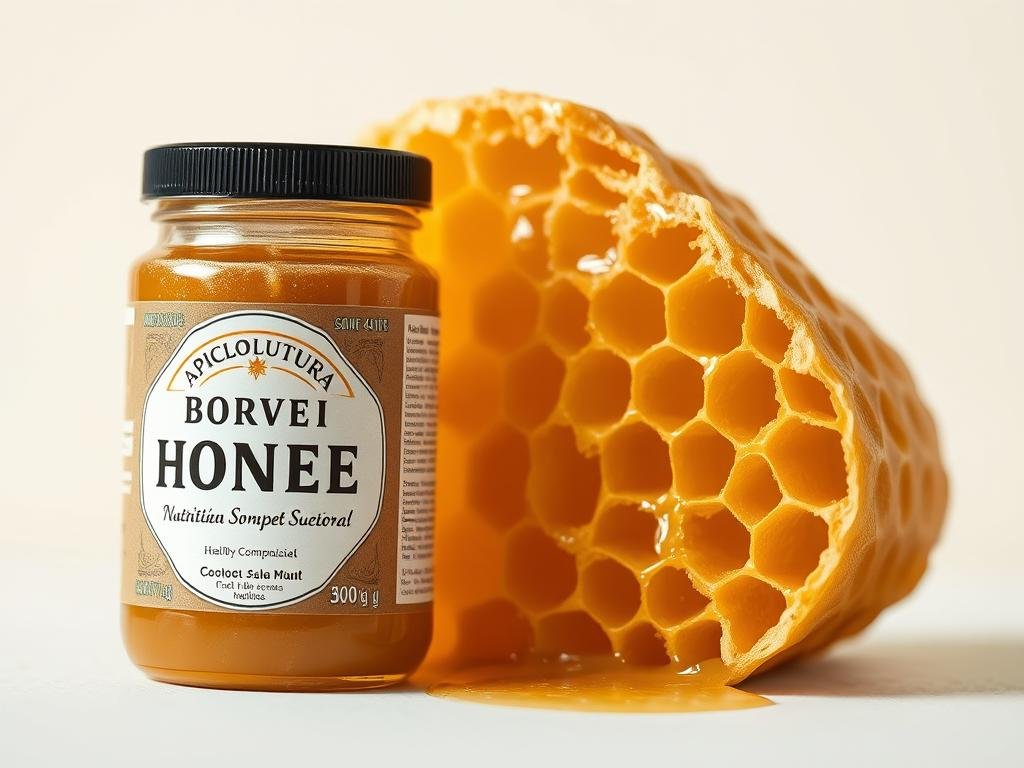A delicate cross-section of a golden honey comb, its intricate hexagonal cells filled with a viscous, amber-hued nectar. The image is captured in a soft, natural lighting, highlighting the delicate, organic textures of the comb. In the foreground, the "APICOLTURA BORVEI MIELE" brand label is prominently displayed, conveying the high-quality, artisanal nature of the product. The background features a simple, minimalist design, allowing the nutritional composition of the honey to take center stage. The overall mood is one of purity, natural sweetness, and a sense of healthy indulgence. A delicate cross-section of a golden honey comb, its intricate hexagonal cells filled with a viscous, amber-hued nectar. The image is captured in a soft, natural lighting, highlighting the delicate, organic textures of the comb. In the foreground, the "APICOLTURA BORVEI MIELE" brand label is prominently displayed, conveying the high-quality, artisanal nature of the product. The background features a simple, minimalist design, allowing the nutritional composition of the honey to take center stage. The overall mood is one of purity, natural sweetness, and a sense of healthy indulgence.