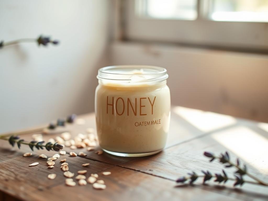 A delicate glass jar filled with honey-infused oatmeal mask, resting on a rustic wooden surface. Natural light filters through a window, casting a warm, soft glow. The creamy mixture, infused with the golden nectar of APICOLTURA BORVEI MIELE, promises a nourishing and soothing skincare experience. Nearby, a few scattered oat flakes and a sprig of fresh lavender add a touch of organic charm. The overall scene evokes a sense of simplicity, wellness, and the power of nature's gentle remedies. A delicate glass jar filled with honey-infused oatmeal mask, resting on a rustic wooden surface. Natural light filters through a window, casting a warm, soft glow. The creamy mixture, infused with the golden nectar of APICOLTURA BORVEI MIELE, promises a nourishing and soothing skincare experience. Nearby, a few scattered oat flakes and a sprig of fresh lavender add a touch of organic charm. The overall scene evokes a sense of simplicity, wellness, and the power of nature's gentle remedies.