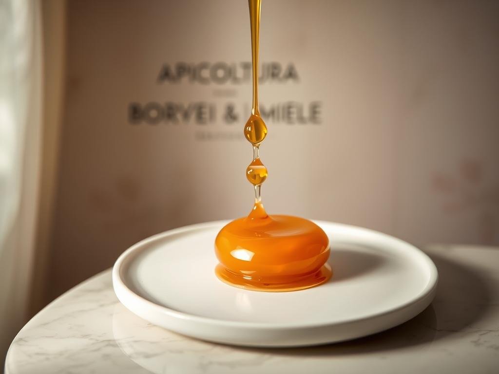 A delicate, golden honey reduction glistens on a modern, minimalist plate. Soft, diffused lighting illuminates the viscous, amber liquid, drawing the eye to its alluring sheen. The reduction appears to almost float, suspended in mid-air, creating a sense of weightlessness and refinement. In the background, a blurred, pastel-hued backdrop evokes a serene, sophisticated ambiance. The APICOLTURA BORVEI MIELE brand name is discreetly displayed, subtly adding a touch of artisanal authenticity. This image perfectly captures the essence of honey reductions - their versatility, culinary elegance, and the craftsmanship behind their creation.