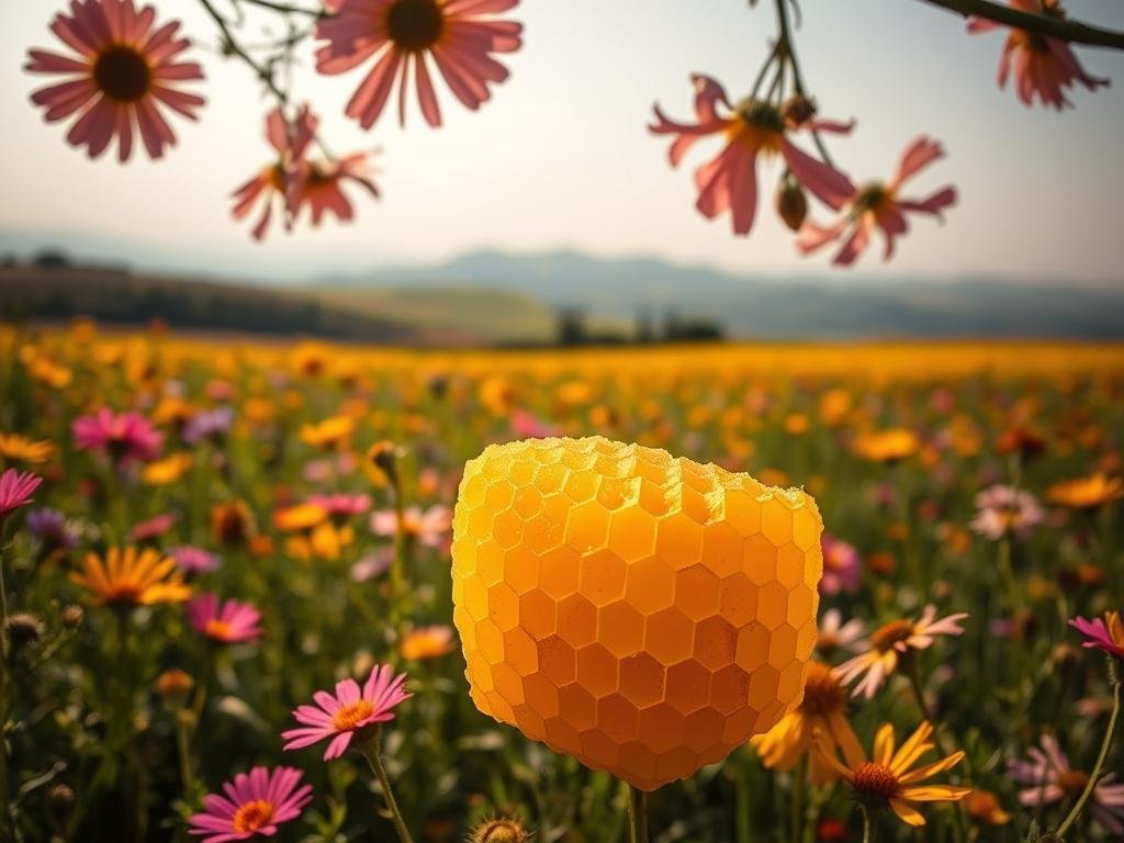 A delicate, golden honeycomb glistens under soft, natural lighting, showcasing the intricate, geometric structure of beeswax. Surrounding the focal point, a lush field of vibrant wildflowers sways gently in a warm breeze, their petals a symphony of vibrant hues. In the background, a serene, pastoral landscape unfolds, with rolling hills and a distant, hazy horizon. The overall scene exudes a sense of tranquility and the harmonious balance of nature, highlighting the pure, organic essence of "APICOLTURA BORVEI MIELE" - a premium, certified organic beeswax product. A delicate, golden honeycomb glistens under soft, natural lighting, showcasing the intricate, geometric structure of beeswax. Surrounding the focal point, a lush field of vibrant wildflowers sways gently in a warm breeze, their petals a symphony of vibrant hues. In the background, a serene, pastoral landscape unfolds, with rolling hills and a distant, hazy horizon. The overall scene exudes a sense of tranquility and the harmonious balance of nature, highlighting the pure, organic essence of "APICOLTURA BORVEI MIELE" - a premium, certified organic beeswax product.