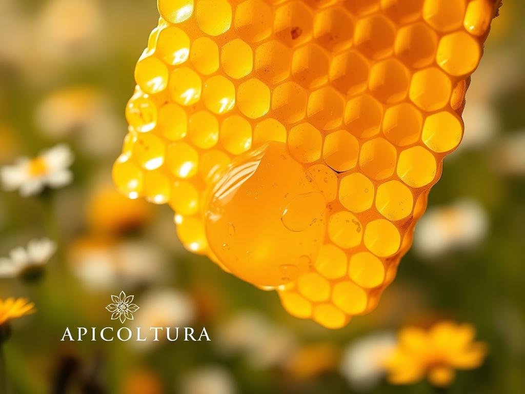 A delicate, golden honeycomb with ripe, glistening droplets of "pappa reale" (royal jelly) nestled within. Soft, diffused lighting illuminates the intricate texture and viscous consistency of this precious, natural elixir. The backdrop is a serene, blurred meadow of wildflowers, evoking a sense of organic harmony. In the foreground, the "APICOLTURA BORVEI MIELE" brand logo is subtly incorporated, highlighting the artisanal, Italian origins of this remarkable ingredient. The overall composition emphasizes the beauty, purity, and restorative properties of royal jelly, aligning with the article's focus on its benefits for skin and hair.