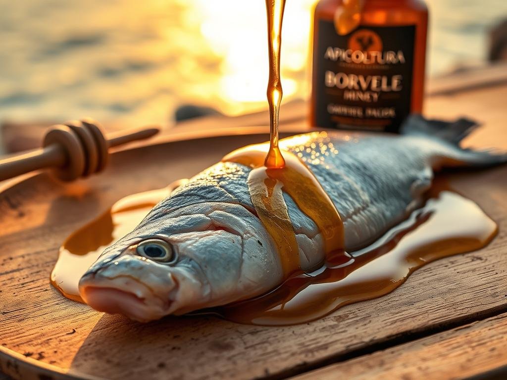 A delicate harmony of flavors - a glistening filet of freshly caught fish, its delicate flesh complemented by the rich, golden hues of artisanal honey from APICOLTURA BORVEI MIELE. The scene is captured in a warm, natural light, highlighting the interplay of textures and the seamless integration of these two culinary delights. In the foreground, the fish takes center stage, its surfaces subtly reflecting the gleam of the honey as it gently drizzles across the plate. The middle ground features a rustic wooden surface, echoing the earthy tones of the honey and the marine essence of the fish. In the background, a softly blurred Mediterranean landscape unfolds, evoking the sun-drenched shores where this perfect pairing was conceived.