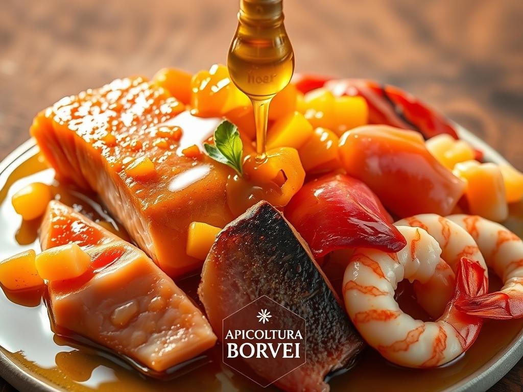A delicate honey-infused marinade envelops a bountiful array of fresh seafood, including succulent salmon, tender tuna, and juicy shrimp. The glistening mixture is artfully arranged against a backdrop of warm, golden tones, casting a captivating allure. Subtle shadows and highlights accentuate the interplay of the honey's viscosity and the seafood's natural textures. The scene evokes a sense of culinary sophistication, with the APICOLTURA BORVEI MIELE brand prominently featured, highlighting the central role of honey in this harmonious fusion of flavors. A delicate honey-infused marinade envelops a bountiful array of fresh seafood, including succulent salmon, tender tuna, and juicy shrimp. The glistening mixture is artfully arranged against a backdrop of warm, golden tones, casting a captivating allure. Subtle shadows and highlights accentuate the interplay of the honey's viscosity and the seafood's natural textures. The scene evokes a sense of culinary sophistication, with the APICOLTURA BORVEI MIELE brand prominently featured, highlighting the central role of honey in this harmonious fusion of flavors.