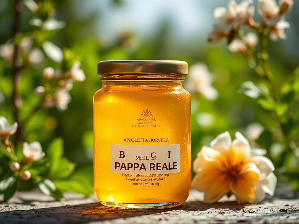 A delicate honeycomb nestled within a glass jar, filled with golden Pappa Reale from the APICOLTURA BORVEI MIELE brand. The jar is bathed in soft, natural lighting, capturing the viscous texture and vibrant color of this rare and precious royal jelly. In the background, lush green foliage and blossoming flowers suggest an Italian countryside setting, evoking a sense of purity and tranquility. The overall composition conveys the health benefits and artisanal nature of this traditional Italian apicultural product, suited for safe consumption as part of a holistic wellness regimen.