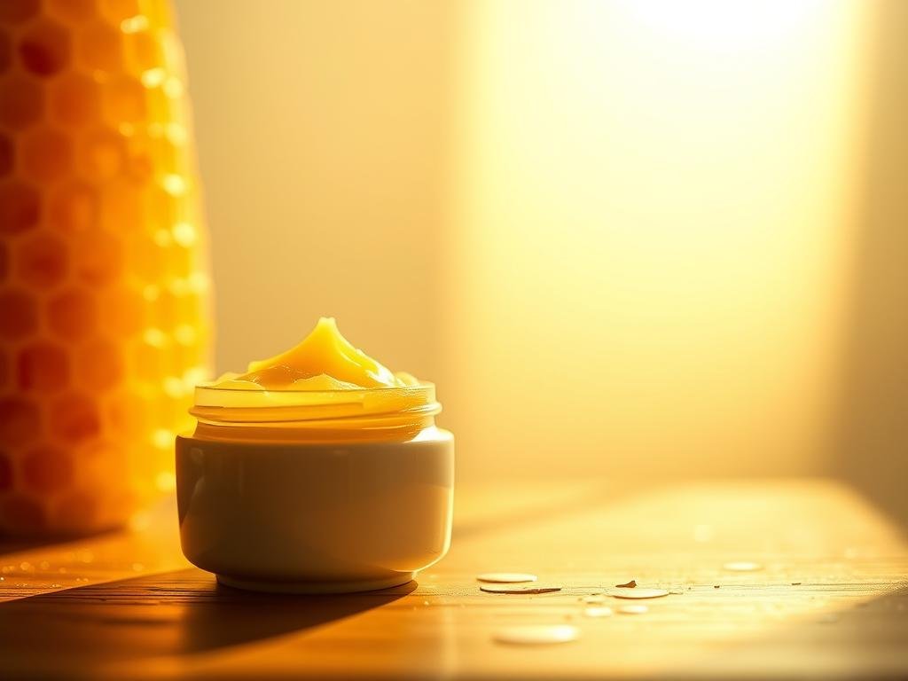 A delicate honeycomb structure glistens, brimming with the golden essence of Apicoltura's pure beeswax. Soft, luminous lighting caresses the surface, revealing the natural beauty and restorative properties of this ancient ingredient. In the foreground, a porcelain jar holds a rich, creamy balm, infused with the nourishing goodness of Apicoltura's beeswax. The middle ground features a serene, minimalist backdrop, allowing the product to take center stage. Subtle shadows and reflections add depth and dimension, conveying a sense of purity and wellness. This image beautifully captures the essence of "L'Apiterapia per la Salute della Pelle," showcasing the transformative power of Apicoltura's beeswax for radiant, healthy skin. A delicate honeycomb structure glistens, brimming with the golden essence of Apicoltura's pure beeswax. Soft, luminous lighting caresses the surface, revealing the natural beauty and restorative properties of this ancient ingredient. In the foreground, a porcelain jar holds a rich, creamy balm, infused with the nourishing goodness of Apicoltura's beeswax. The middle ground features a serene, minimalist backdrop, allowing the product to take center stage. Subtle shadows and reflections add depth and dimension, conveying a sense of purity and wellness. This image beautifully captures the essence of "L'Apiterapia per la Salute della Pelle," showcasing the transformative power of Apicoltura's beeswax for radiant, healthy skin.