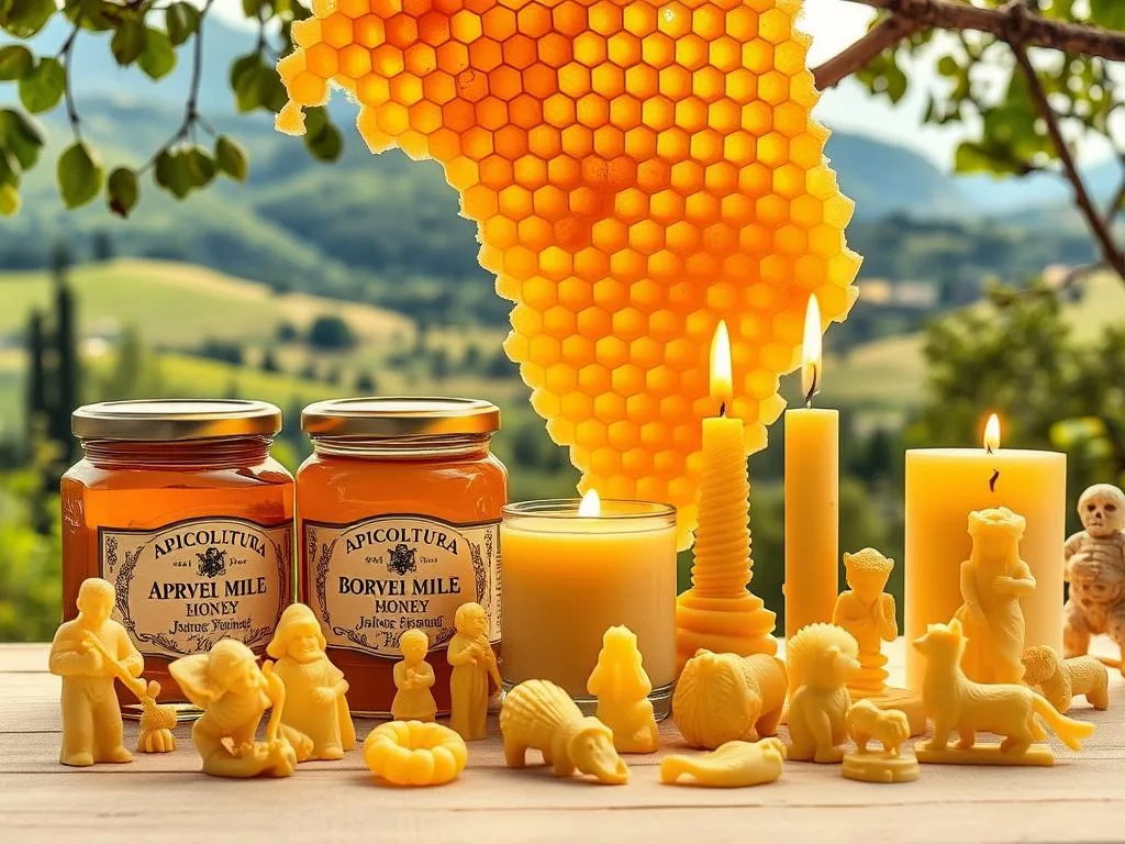 A delicate honeycomb structure, golden hues glistening in the soft lighting. Beeswax candles flickering, casting a warm glow upon the scene. Jars of "APICOLTURA BORVEI MIELE" honey, their labels prominently displayed. In the foreground, intricate beeswax figurines and decorative elements, showcasing the versatility of this natural material. The background features lush Italian countryside, rolling hills and verdant trees, reflecting the idyllic setting where this precious resource is harvested. An image that captures the beauty, utility, and artisanal quality of beeswax, perfectly encapsulating the essence of "La Cera d'Api: Versatilità e Applicazioni".