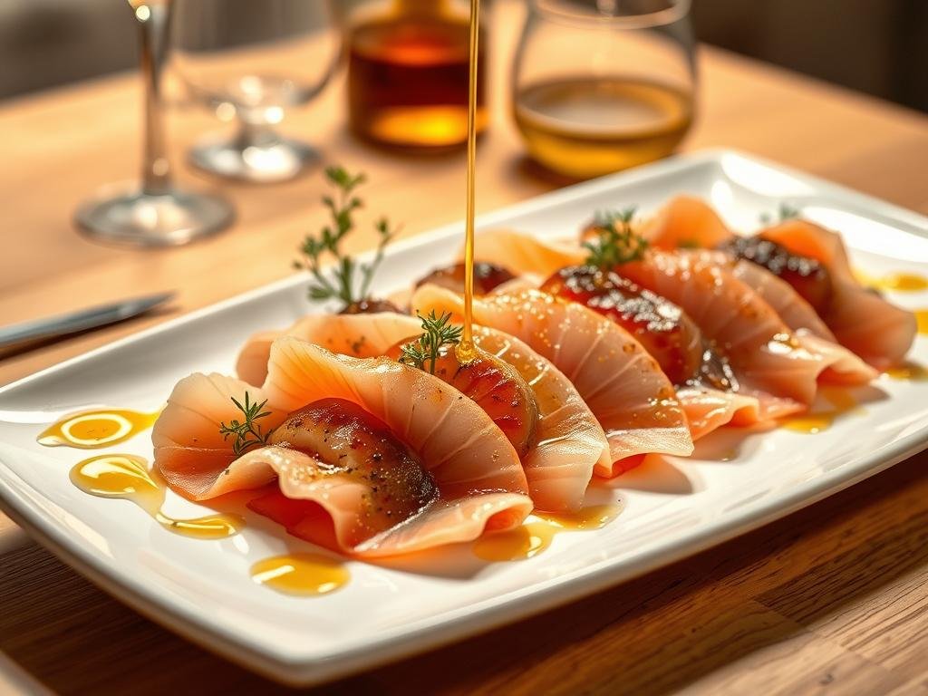 A delicate vinaigrette al miele adorns a vibrant carpaccio of fresh seafood, arranged artfully on a white ceramic platter. The golden honey glistens in the warm lighting, complementing the delicate hues of the fish. In the background, a minimalist Italian setting evokes a sophisticated, gourmet ambiance. Subtle touches of greenery and a drizzle of olive oil complete this visually stunning "Apicoltura" dish, a true celebration of the culinary magic that can be achieved with the versatile and flavorful ingredient - honey.