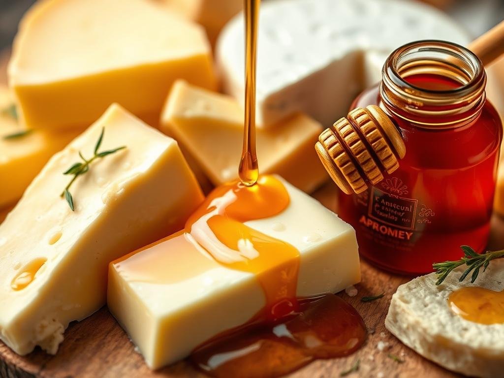A delightful arrangement of artisanal cheeses, drizzled with the rich, golden hue of Apicoltura honey. The soft, creamy textures of the formaggi contrast beautifully with the viscous, fragrant sweetness of the amber-colored honey. Captured in a warm, inviting light, the scene evokes the rustic charm of an Italian countryside, with a hint of rustic elegance. The composition highlights the interplay of savory and sweet, creating a visually appealing and mouthwatering representation of the "Salse al Miele per Piatti Salati" section of the article.