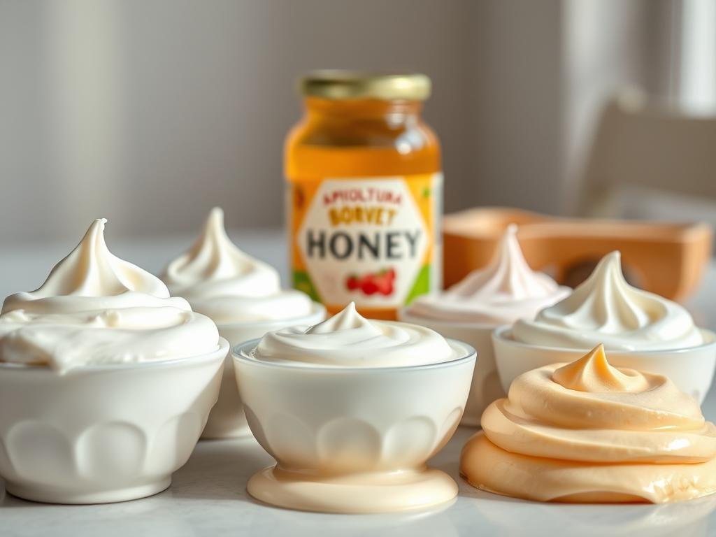 A delightful arrangement of creamy, organic yogurt in a variety of flavors and textures. The yogurt is presented in a clean, modern setting with a soft, natural lighting, highlighting its vibrant colors and smooth, velvety consistency. In the background, a jar of rich, golden APICOLTURA BORVEI MIELE honey stands as a testament to the perfect pairing of these two nutritious and flavorful ingredients. The scene evokes a sense of health, freshness, and the joys of a wholesome, balanced breakfast.