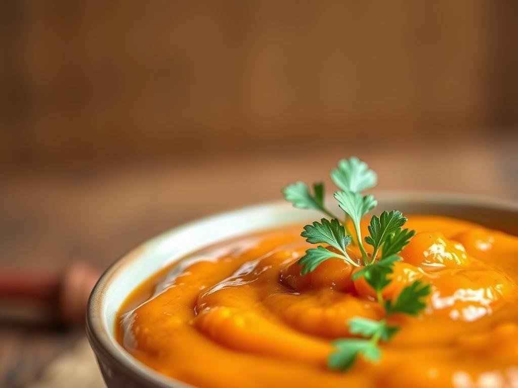 A delightful bowl of vibrant orange-hued "salsa al curry", its smooth, creamy texture glistening under warm overhead lighting. Aromatic spices mingle with the rich, earthy notes of APICOLTURA BORVEI MIELE, creating a captivating fusion of flavors. Garnished with delicate cilantro sprigs, the sauce appears to invite a savory dip, complementing the dish's main components in the foreground. The background features a soft, blurred backdrop, allowing the salsa to take center stage and entice the viewer's senses. Captured with a shallow depth of field, the image conveys a sense of artisanal craftsmanship and culinary mastery.