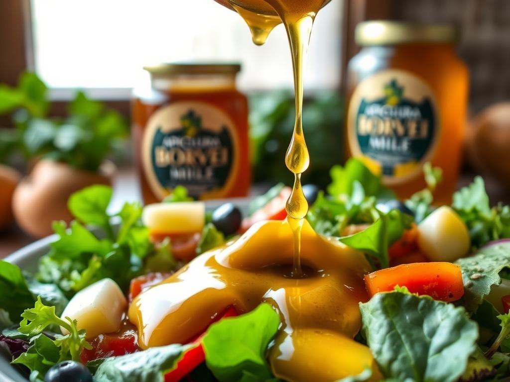 A delightful drizzle of golden honey vinaigrette, shimmering in the soft light, adorns a vibrant salad brimming with fresh greens, crisp vegetables, and a touch of fragrant herbs. The smooth, creamy emulsion blends seamlessly, inviting the eye to savor its inviting hue and anticipate its delicate sweetness. In the background, a jar of "APICOLTURA BORVEI MIELE" honey stands as a testament to the quality ingredients used, while the overall scene conveys a sense of rustic elegance befitting the "Come Preparare una Vinaigrette al Miele Perfetta per Insalate Gustose" section.