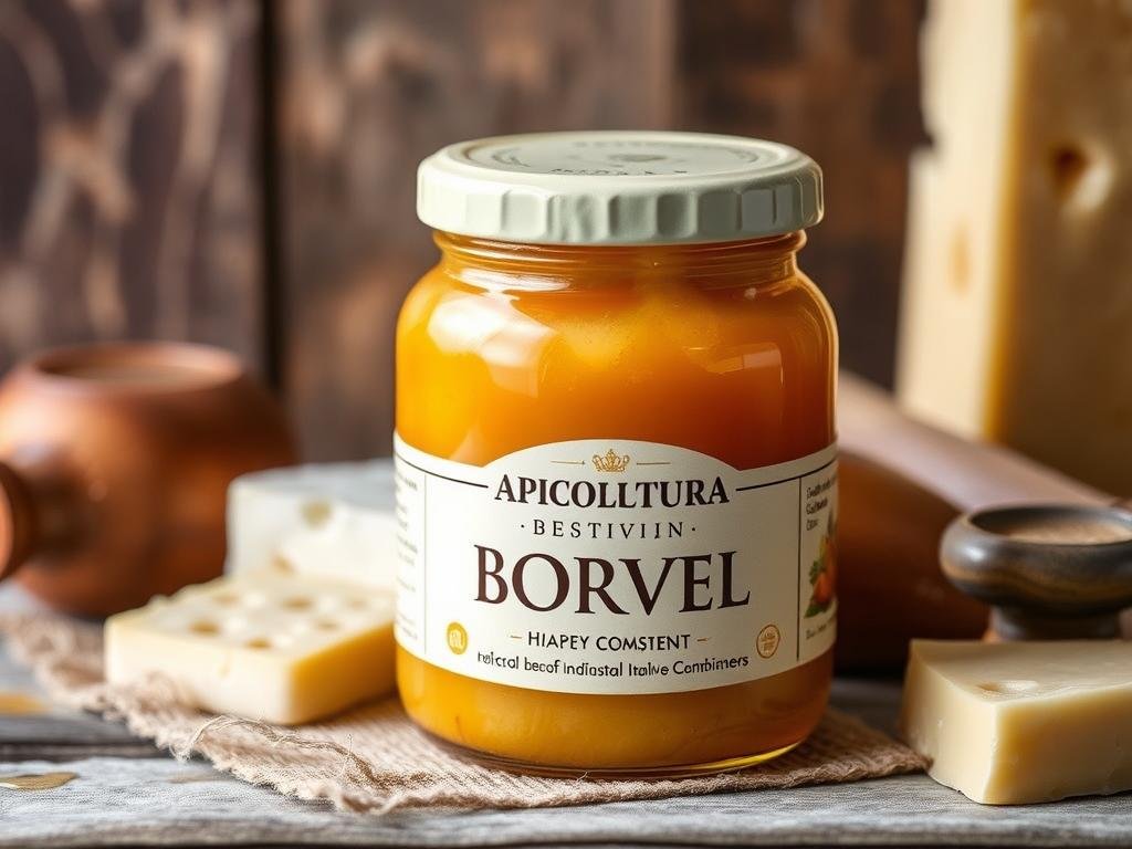 A delightful honey-infused cheese spread, a creamy blend of artisanal Italian cheeses and the rich, golden sweetness of APICOLTURA BORVEI MIELE. Set against a rustic backdrop of natural wood and linen, the vibrant jar captures the essence of this versatile condiment. Soft, ambient lighting highlights the smooth, glossy texture, inviting the viewer to imagine the perfect pairing with crusty bread or crackers. The image conveys a sense of elevated yet approachable culinary indulgence, perfectly suiting the section's focus on honey-based sauces for diverse cheese varieties.