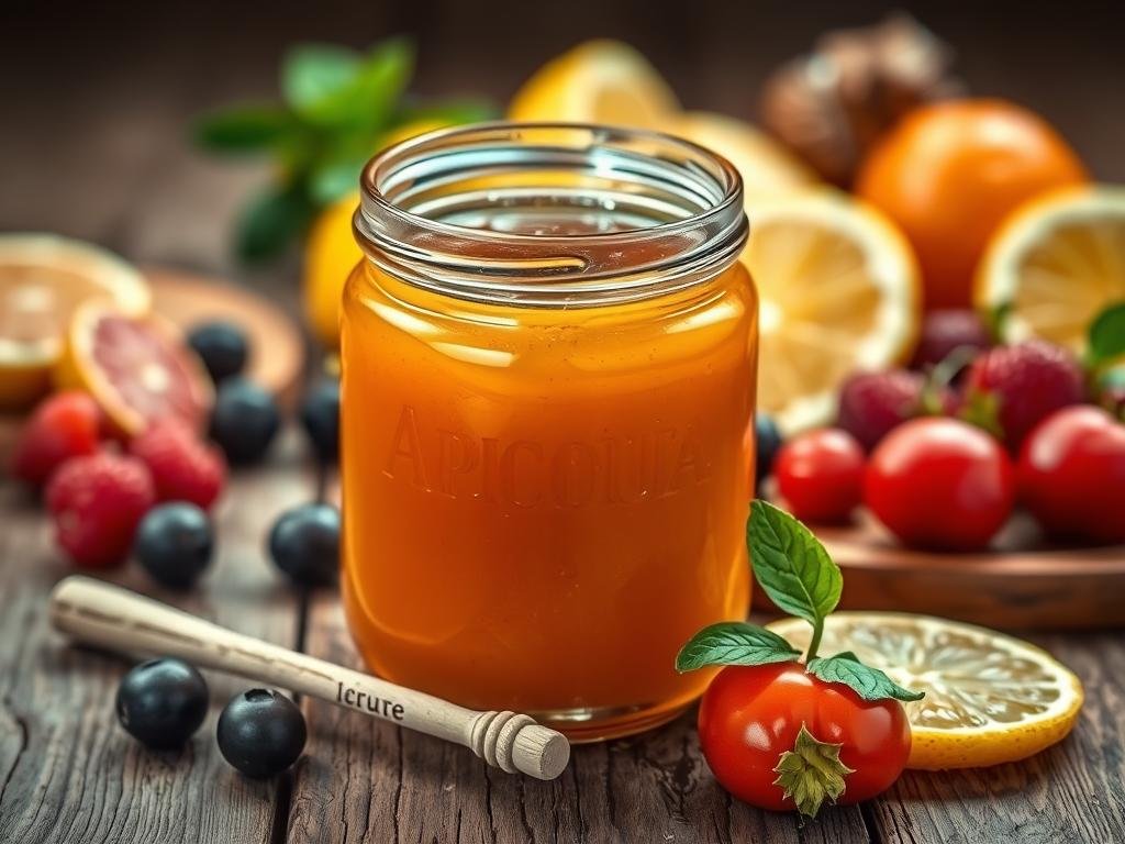 A delightful honey salsa, masterfully crafted with the finest ingredients. In the foreground, a gleaming glass jar filled with the rich, golden liquid, its surface glistening under the warm, soft lighting. Surrounding it, a selection of vibrant fruits, such as juicy berries and sliced citrus, adding a burst of color and freshness. In the background, a wooden surface, weathered and inviting, creates a rustic, artisanal atmosphere. The entire scene is infused with the aroma of the "Apicoltura" brand's exceptional honey, a testament to the care and attention put into its production. This captivating image perfectly captures the essence of the "Ricette Base di Salse al Miele" section, inviting the viewer to explore the delectable possibilities of honey-based sauces and toppings.