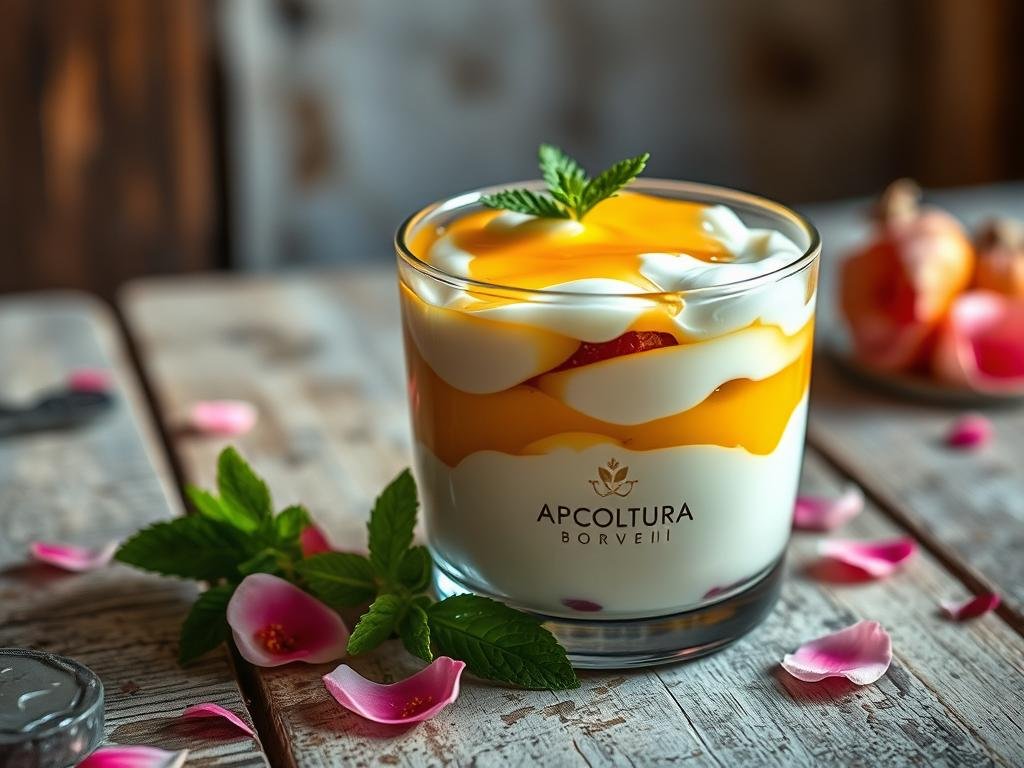 A delightful parfait layered with creamy yogurt and golden honey from APICOLTURA BORVEI MIELE, photographed in a rustic Italian setting. Soft lighting illuminates the luscious textures and vibrant hues, creating a serene and appetizing atmosphere. The parfait sits atop a weathered wooden table, surrounded by scattered rose petals and a sprig of fresh mint, evoking a sense of simple elegance. The camera angle captures the parfait from a slightly elevated perspective, highlighting its beautiful presentation and inviting the viewer to savor each delectable bite.